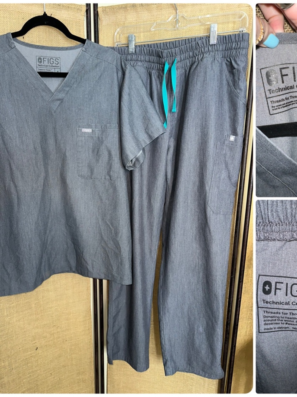 FIGS Gray Scrub Set with Teal Drawstring